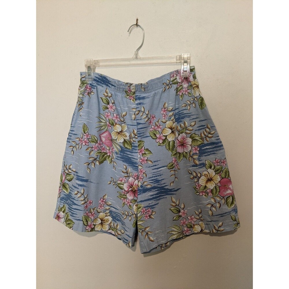 Vintage 80s Blue Hawaiian Oxford Cloth Mom Shorts Floral High Waist S